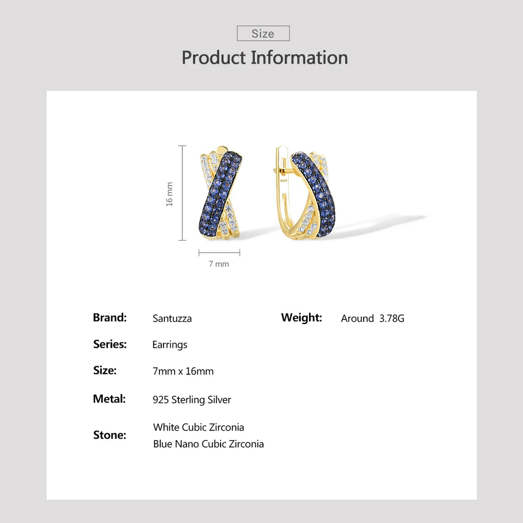 SANTUZZA Silver Earrings For Women Pure 925 Sterling Silver Sparkling Blue Nano White CZ Cross Gold Plated Elegant Fine Jewelry