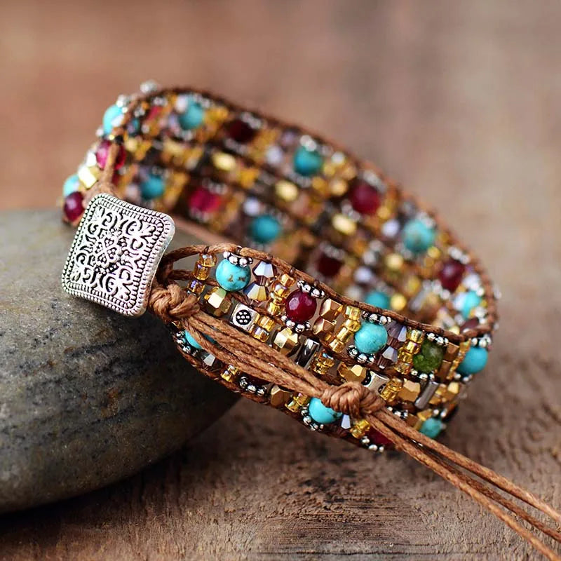 Boho Bracelets High End Natural Stones Wax Cord Wrap Bracelet Semi Precious Stone Beaded Cuff Bracelet Fashion Jewelry Dropship