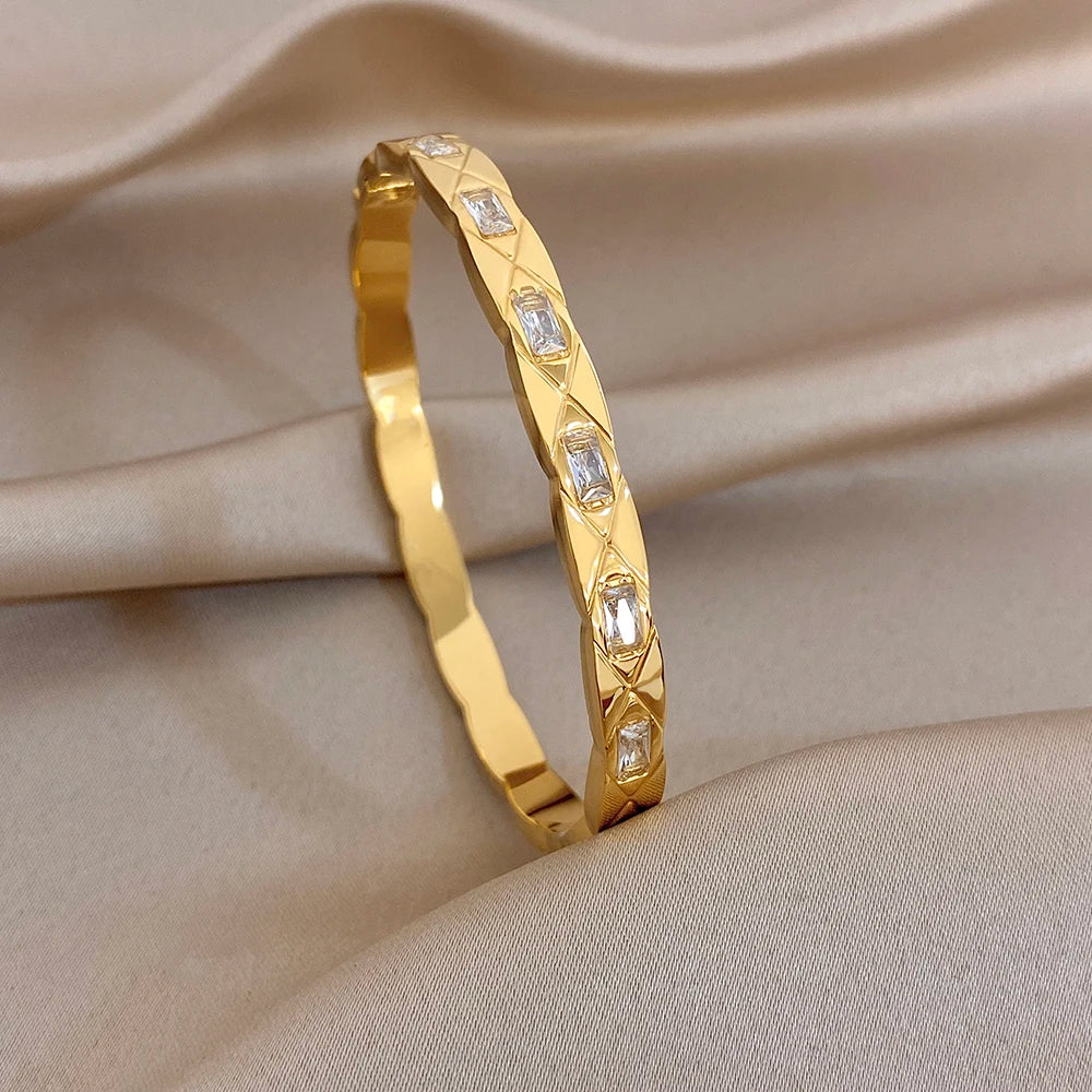 Vintage Gold Plated Stainless Steel Cuff Bangle for Women Men Glossy Geometric Zircon Wide Bracelets Waterproof Jewelry