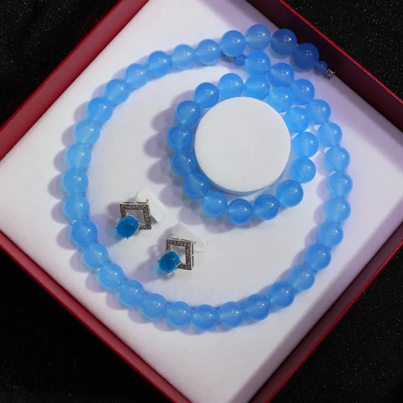 High Ice Blue Round Bead Necklace Set, Fashionable and Versatile.