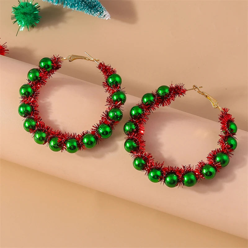 Fashion Handmade Merry Christmas Wreath Circle Hoop Earrings for Women Girls New Year Festival Jewelry Gifts