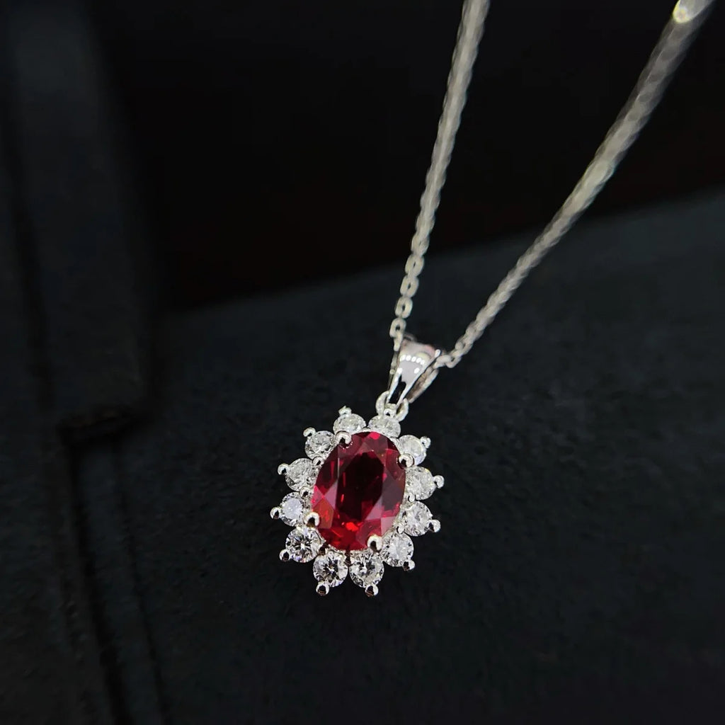 18K Yellow Gold Lab Created Ruby and Diamond Necklace Halo Style Sunflower Shaped Lab Grown Ruby Diamond Pendant Necklace