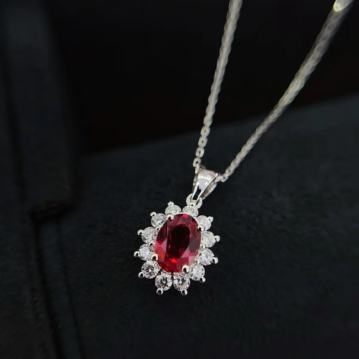 18K Yellow Gold Lab Created Ruby and Diamond Necklace Halo Style Sunflower Shaped Lab Grown Ruby Diamond Pendant Necklace