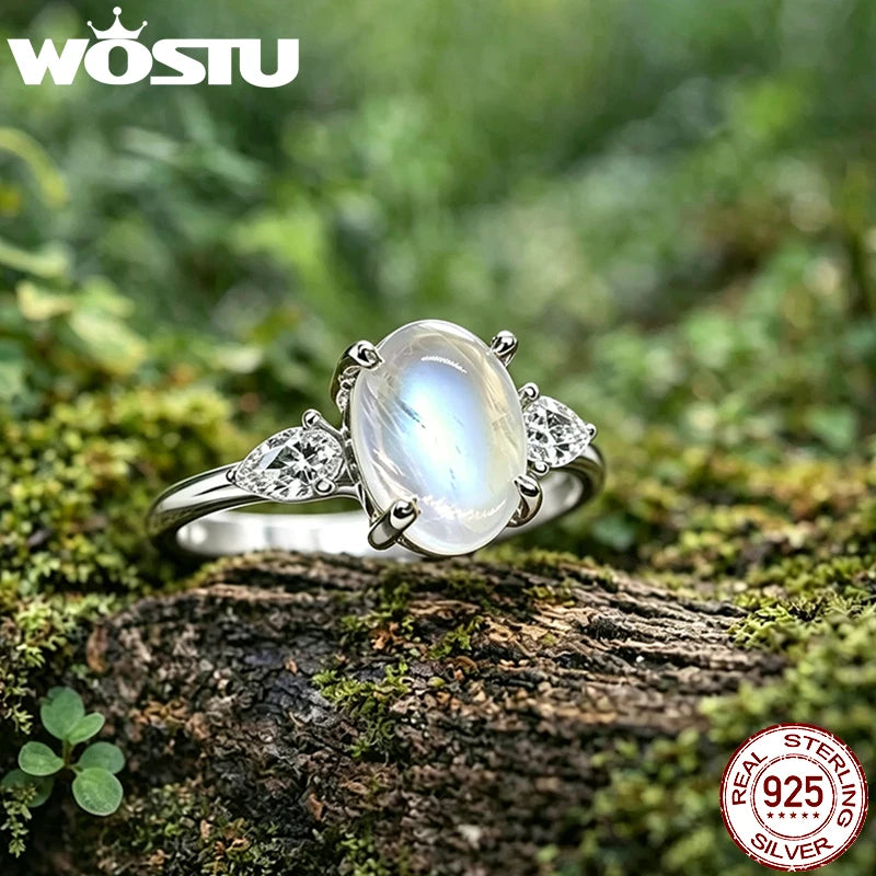 WOSTU 925 Sterling Silver Natural Oval Moonstone Ring For Women, Rainbow Three Stone Rings Engagement Anniversary Jewelry Gift