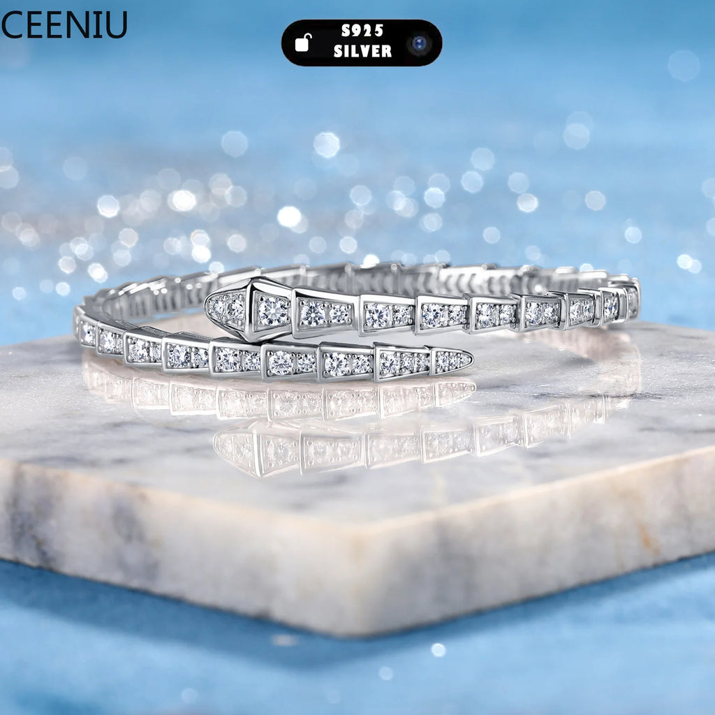 3.4CTW Moissanite Snake Stretch Bangle S925 Sterling Silver Flexible Serpent Bracelet For Women Wedding Party