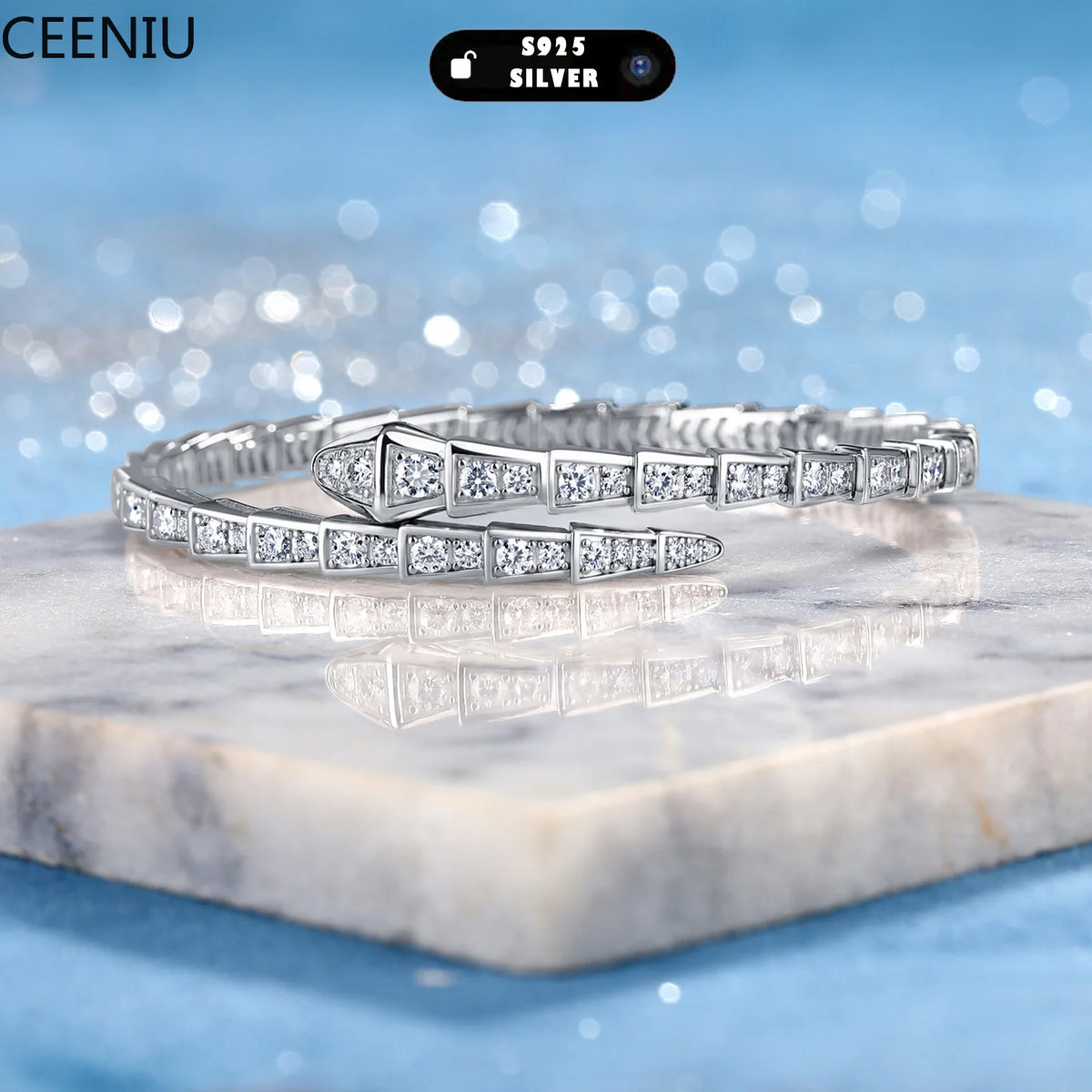3.4CTW Moissanite Snake Stretch Bangle S925 Sterling Silver Flexible Serpent Bracelet For Women Wedding Party