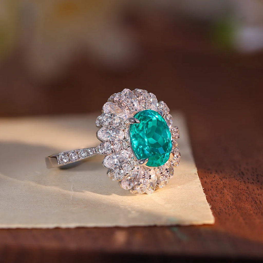 LinkerLove 5CT Oval Cut Paraiba Engagement Ring for Women 925 Sterling Silver White Gold Plated Halo Wedding Band Fine Jewelry
