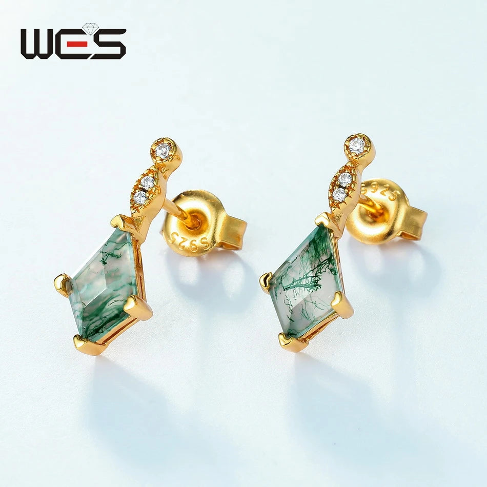 WES 100% 925 Sterling Silver Natural Crystal Moss Agate Jewelry Set for Woman Gold Plated Wedding Lady Gift Fine Jewelry