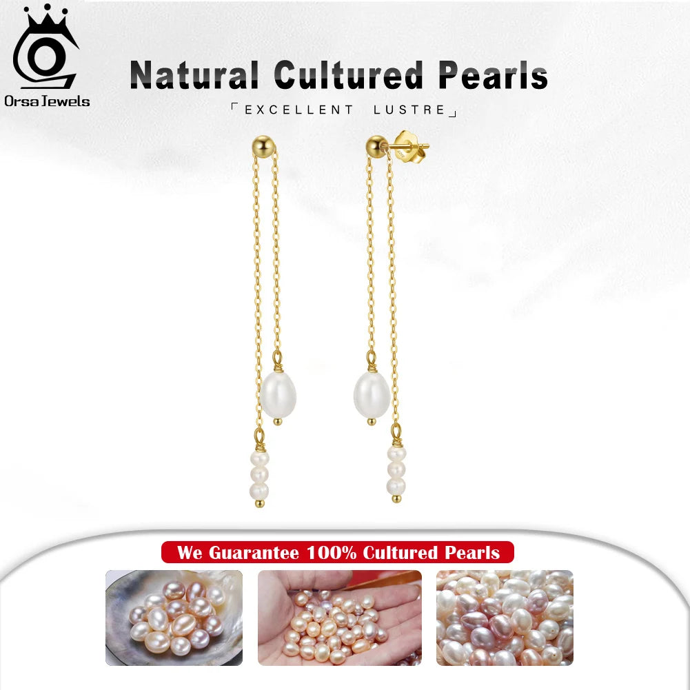 ORSA JEWELS Long Pearl Earrings for Women 14k Gold Plated Pearl Tassel Earrings Sterling Silver Ear Drop Pearl Jewelry GPE20
