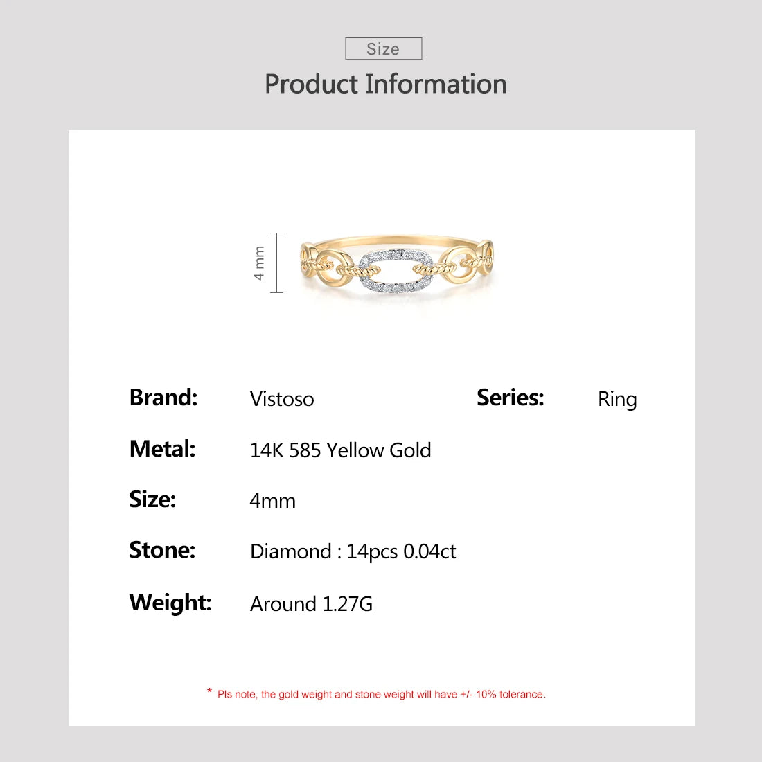 VISTOSO Pure 14K/9K Yellow Gold Ring For Women Sparkling Diamond Chain Link Stackable Concise Wedding Gift Chic Fine Jewelry