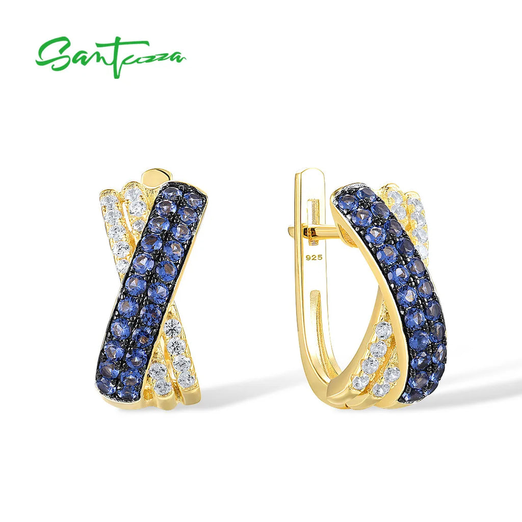 SANTUZZA Silver Earrings For Women Pure 925 Sterling Silver Sparkling Blue Nano White CZ Cross Gold Plated Elegant Fine Jewelry