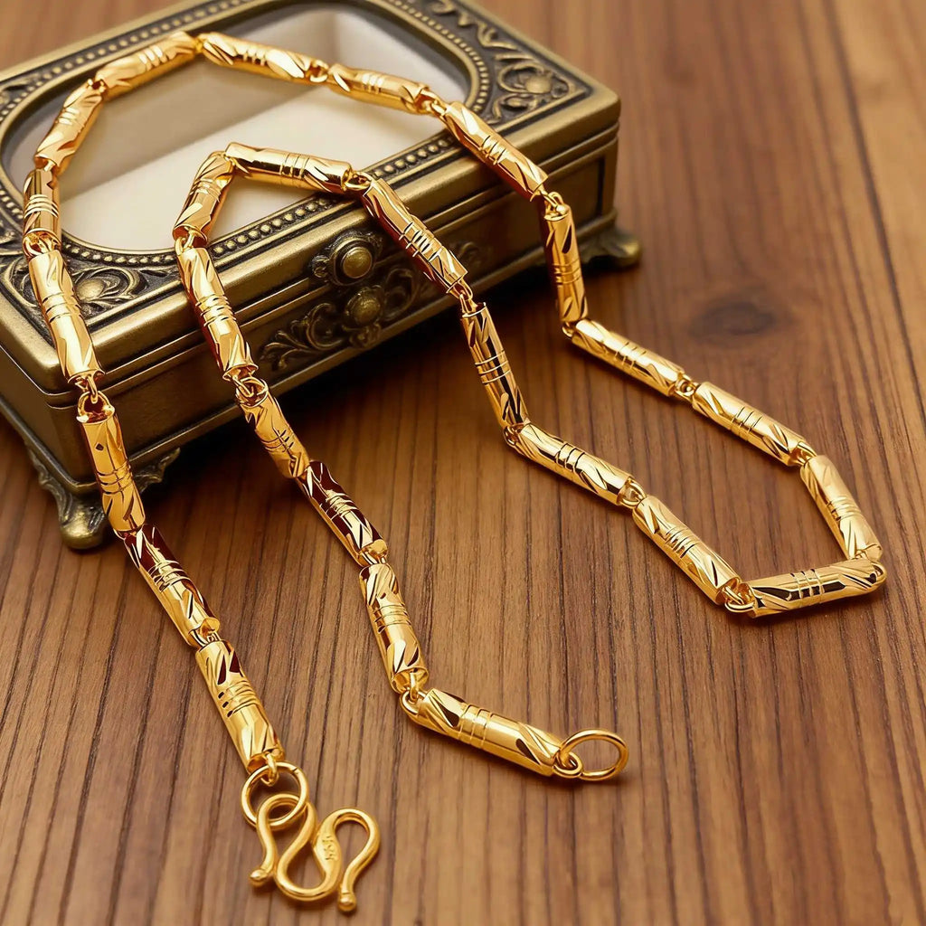 9999 24K real gold cylindrical double bamboo necklace real gold men's and women's solid color bamboo necklace gold jewelry