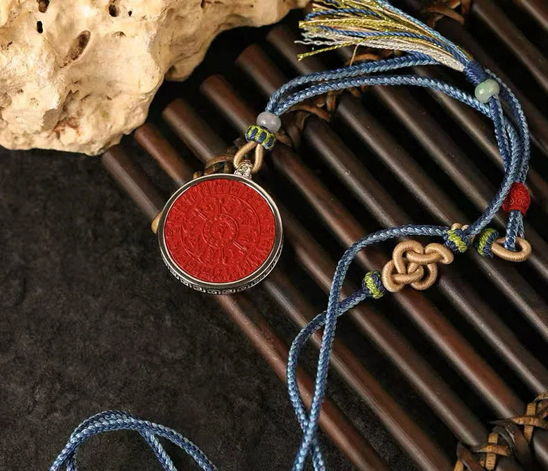 S925 Sterling Silver Inlaid Cinnabar Mandala Pendant Six True Words Necklace Chinese Style Good Luck Fortune Amulet Men Women