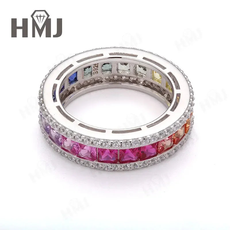 925 Sterling Silver Ring Lab Sapphire Princess Cut Rainbow Gemstones for Women Luxury Elegant Anniversary Birthday Gift Charms