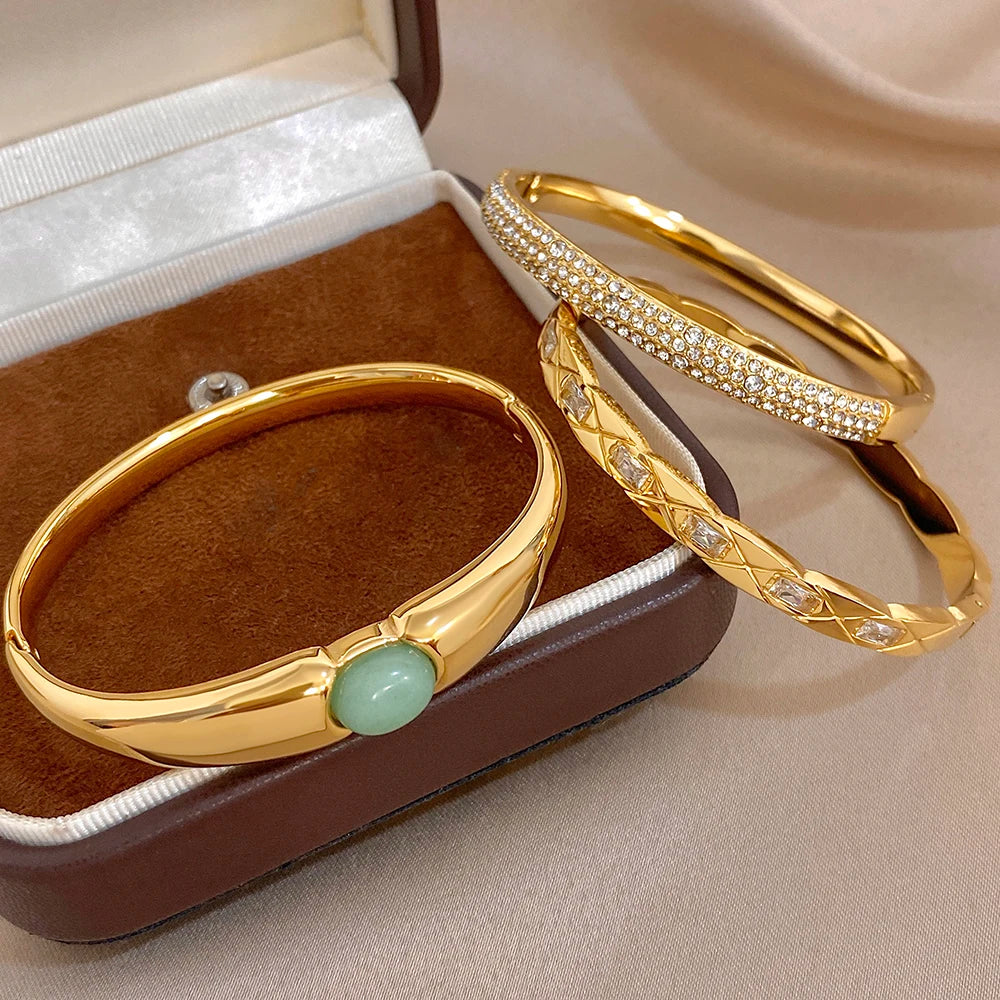 Vintage Gold Plated Stainless Steel Cuff Bangle for Women Men Glossy Geometric Zircon Wide Bracelets Waterproof Jewelry