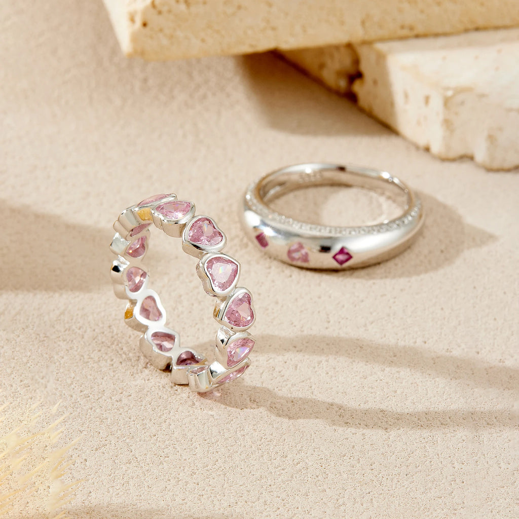 ANDYWEN 925 Sterling Silver Sweetheart Pink Zircon Ring Set Stackable Promise Rings Romantic Luxury Valentine Women Gift