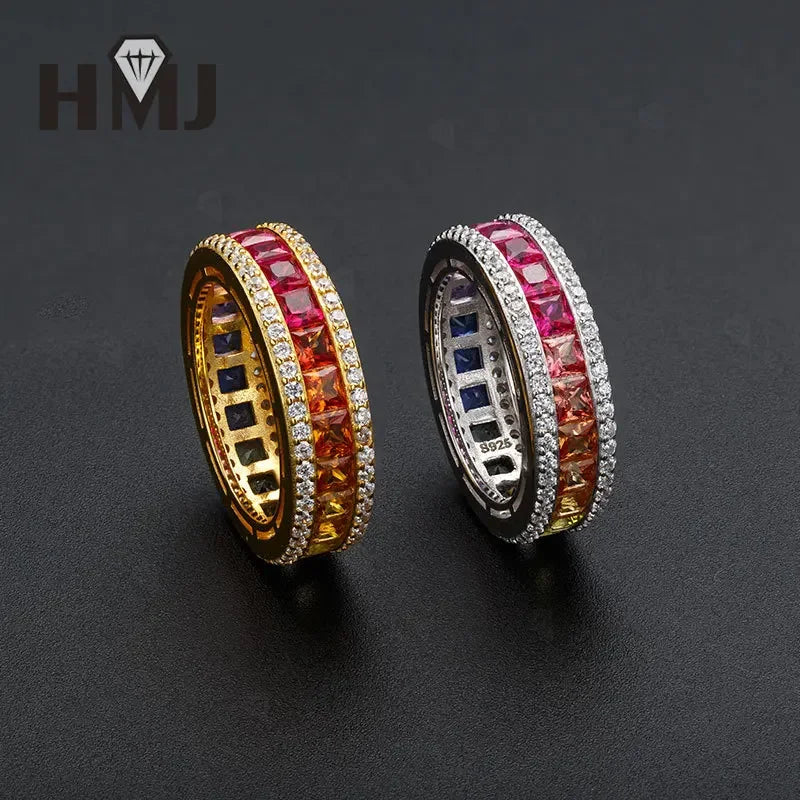 925 Sterling Silver Ring Lab Sapphire Princess Cut Rainbow Gemstones for Women Luxury Elegant Anniversary Birthday Gift Charms