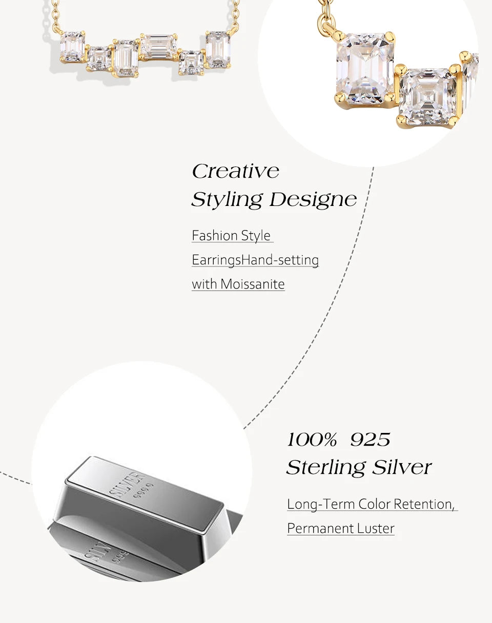 ATTAGEMS Baguette Emerald Cut Moissanite Jewelry Set for Women Rings Earrings Necklace S925 Sterling Silver 3 Piece Wedding Gift