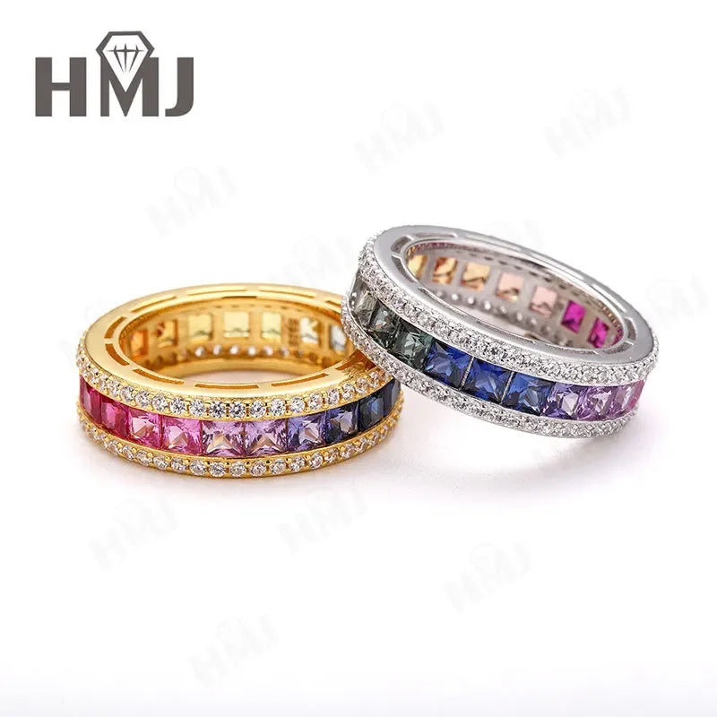 925 Sterling Silver Ring Lab Sapphire Princess Cut Rainbow Gemstones for Women Luxury Elegant Anniversary Birthday Gift Charms