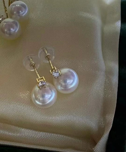 Certificated 3pcs Aurora Luster Freshwater Pearl Jewelry Set 8-9m Natural White Round Pearl Ear Stud & Pendant Chain Necklaces