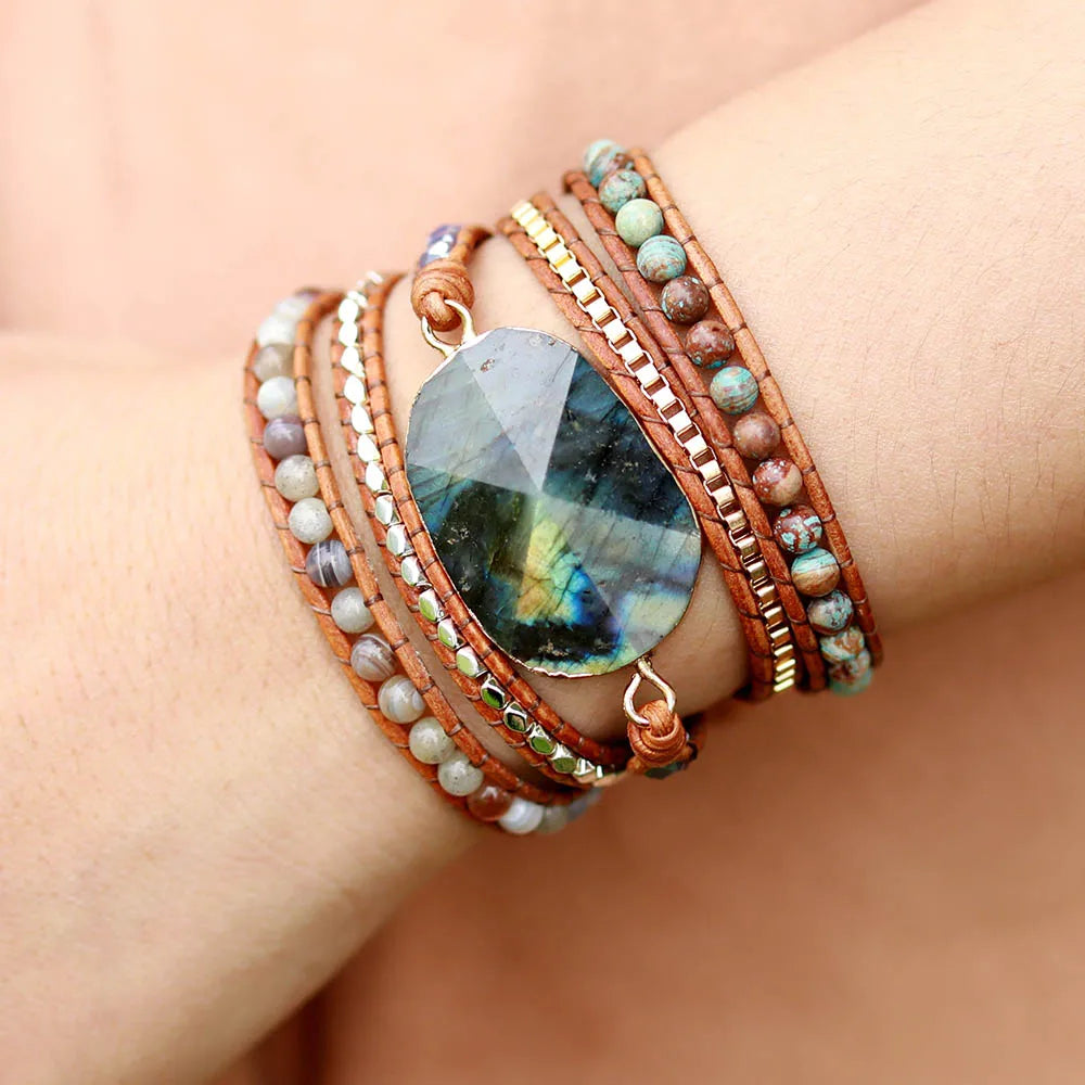 Premium Women Wrap Bracelet Labradorite Natural Stones 5 Times Leather Strap Bracelets Multilayers Beadwork Bracelet Dropship