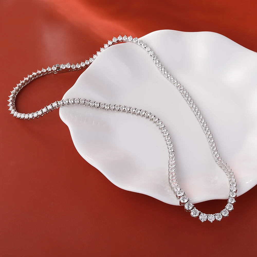 BXINY Gradual Round Moissanite Curved Tennis Necklace S925 Silver Gradient Round Diamonds for Women Wedding Bride Choker Jewelry