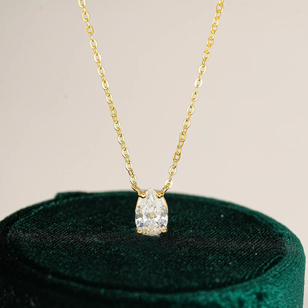 Luxury 100% Real 18k Gold Women's Necklace Simple Water Drops Pear-Shaped 1 karat Diamond Pendant Moissanite Clavicle Chain
