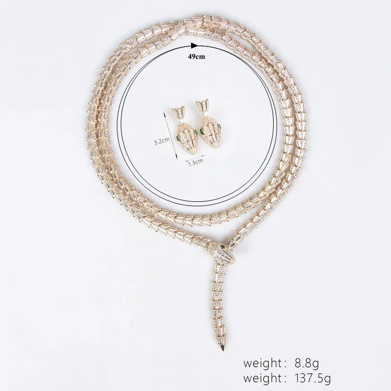 Designer Collection Style Long Necklace Earrings Inlay Full Cubic Zircon Plated Gold Color Snake Snakelike Party Jewelry Sets