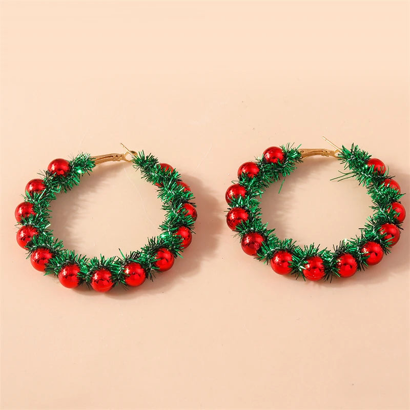 Fashion Handmade Merry Christmas Wreath Circle Hoop Earrings for Women Girls New Year Festival Jewelry Gifts
