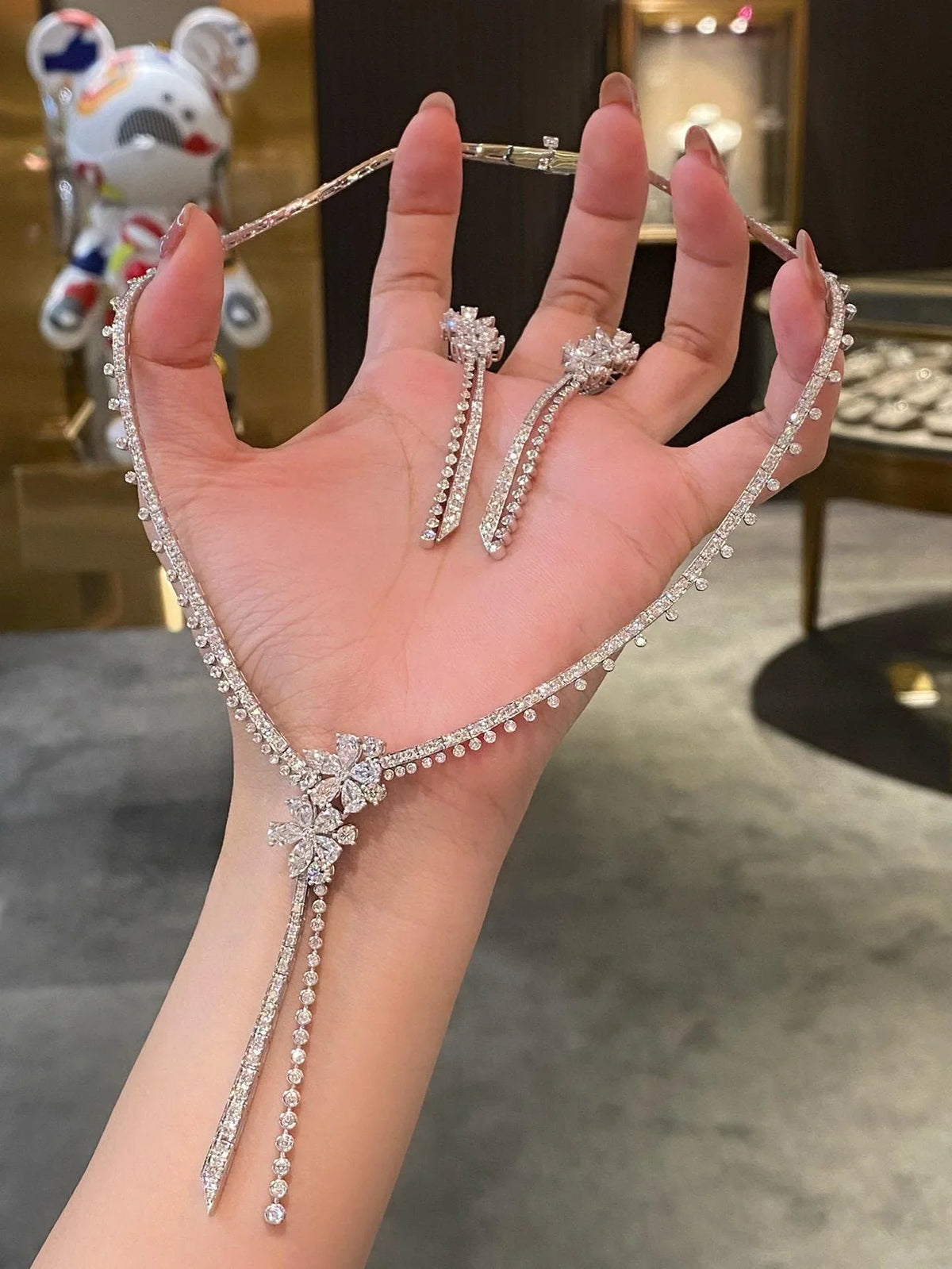BELLUX Fashion White Cherry Blossom Long Necklace Earrings Bracelet Tassel Flower Jewelry Set S925 Silver Synthetic Zircon