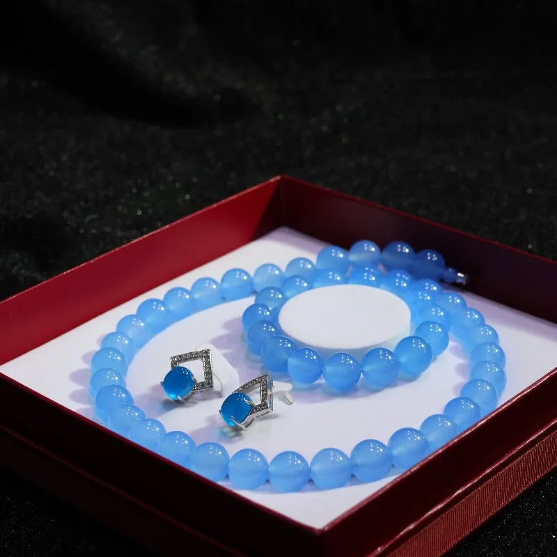 High Ice Blue Round Bead Necklace Set, Fashionable and Versatile.