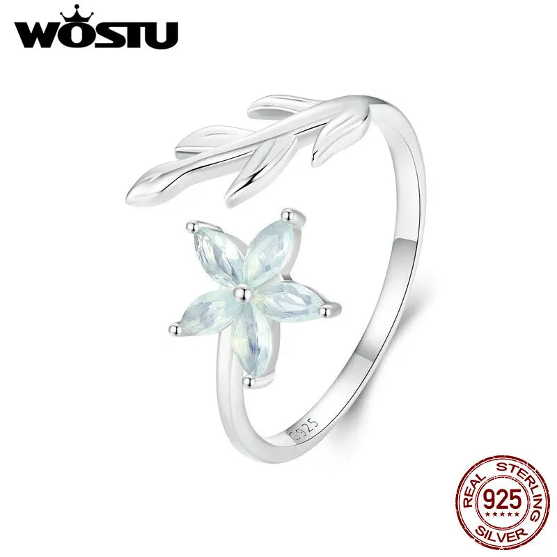 WOSTU 925 Sterling Silver Clear Green Cystal Flower Opening Ring For Women Hanmade Leaf design Stackable Rings Girl Party Gift