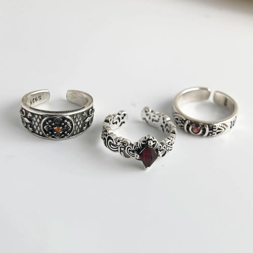 925 Sterling Silver Rings For Women Vintage Handmade Adjustable Red Zircon Ring Fashion Female Bijoux Gift