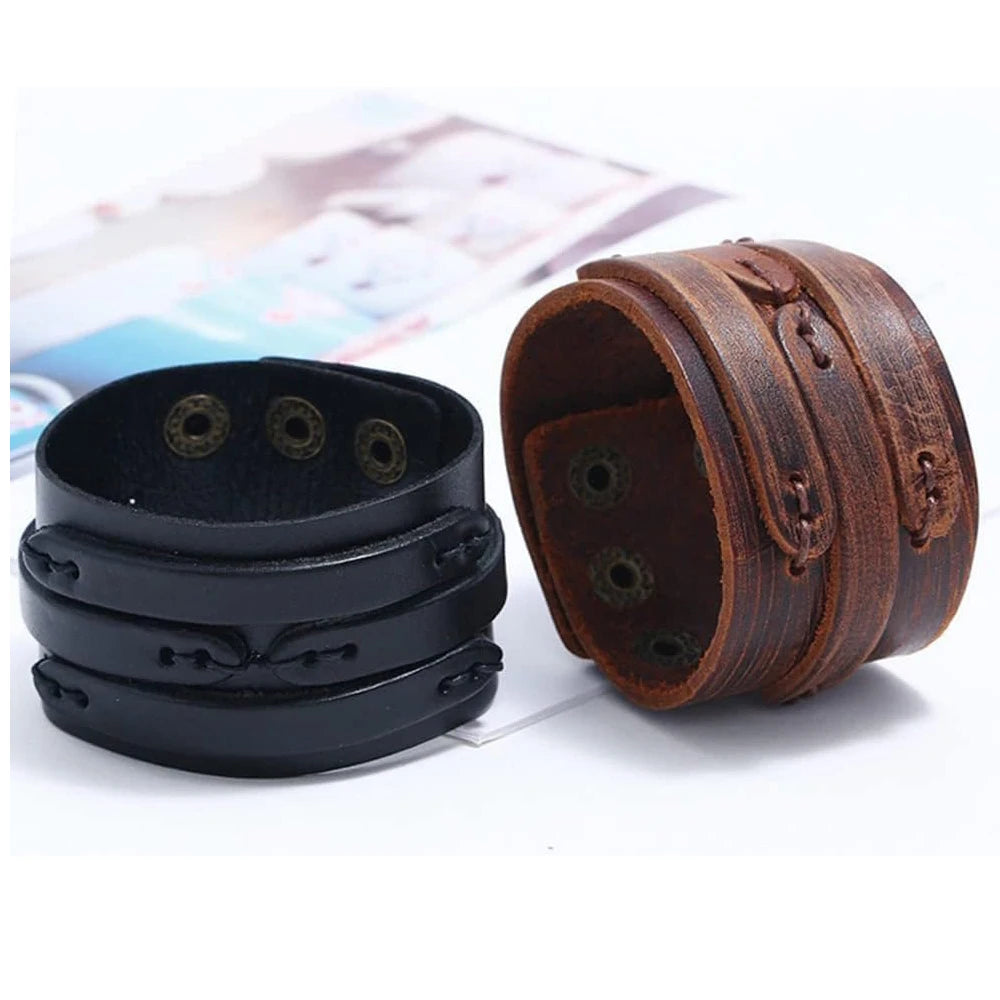 2 Pcs Punk Leather Cuff Bracelet Adjustable Straps Wrap Bracelets Cuff Gothic Leather Wristbands for Men, Women