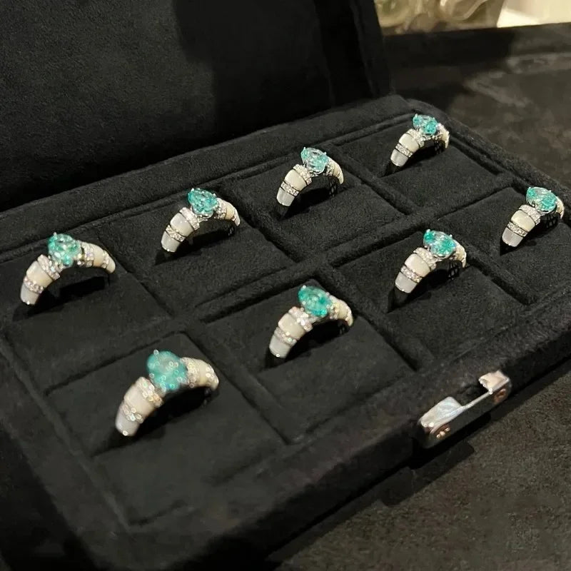 silver 925 Vintage Fresh Style Paraiba White Fritillaria  rings for women Sweet Mint Emerald wedding ring Light Luxury Jewelry
