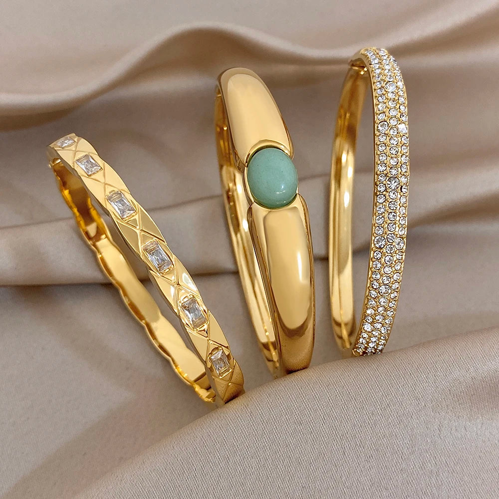 Vintage Gold Plated Stainless Steel Cuff Bangle for Women Men Glossy Geometric Zircon Wide Bracelets Waterproof Jewelry