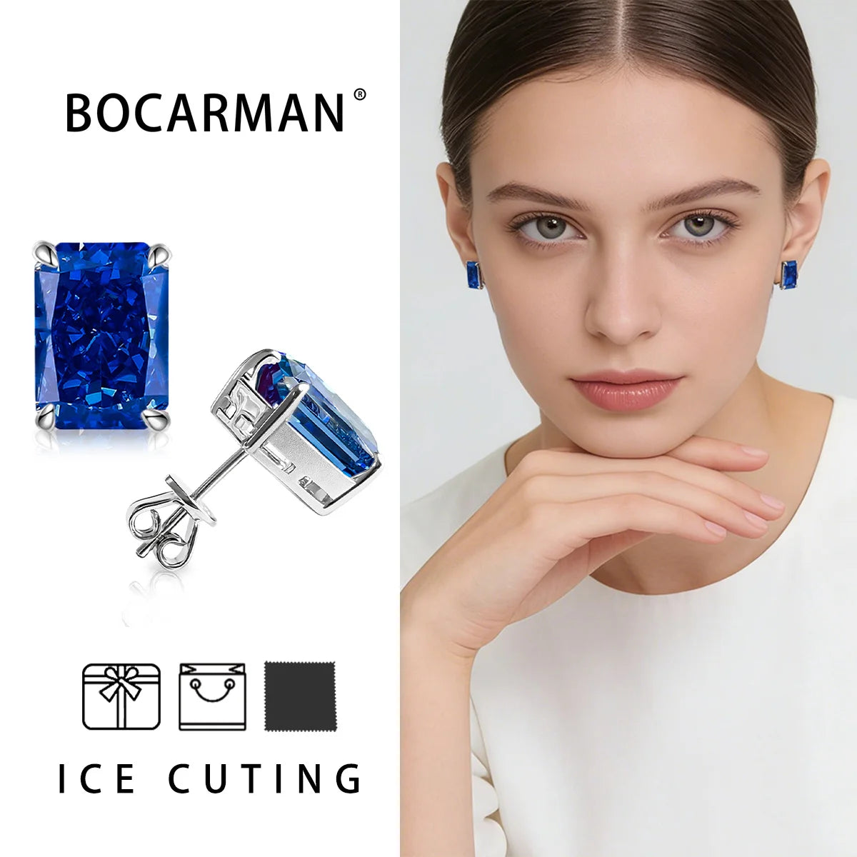 Bocarman Rectangular Ice Cut Mint Green Zircon Stud Earrings S925 Sterling Silver Rhodium Plated Fine Jewelry 8x10mm