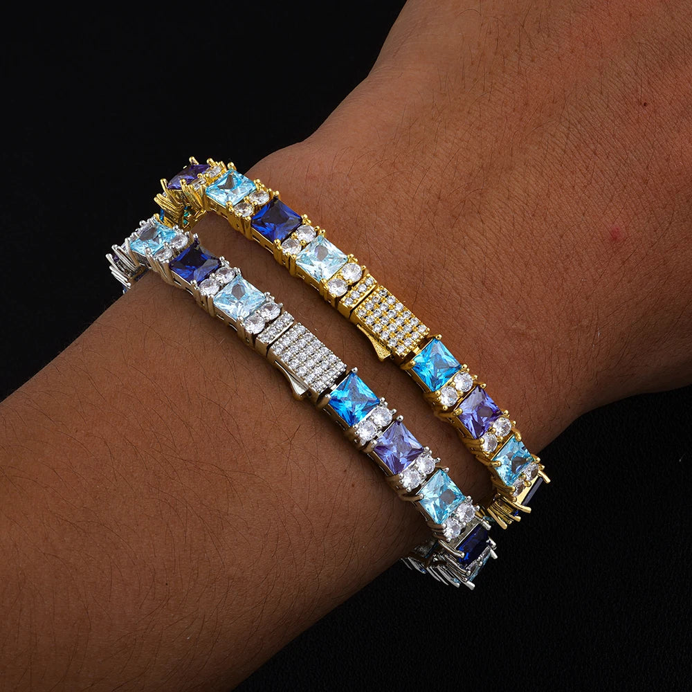 ESKEEM Hip Hop Luxury Bling Jewelry 925 Silver Blue Princess Cut CZ Cluster Tennis Bracelet Gift for Men and Women