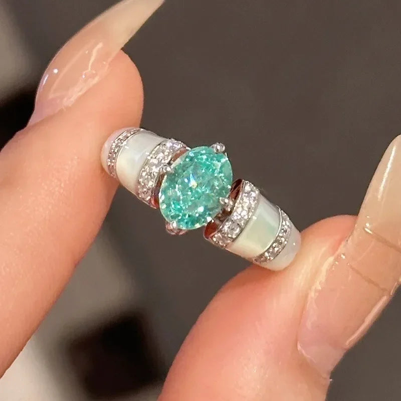 silver 925 Vintage Fresh Style Paraiba White Fritillaria  rings for women Sweet Mint Emerald wedding ring Light Luxury Jewelry