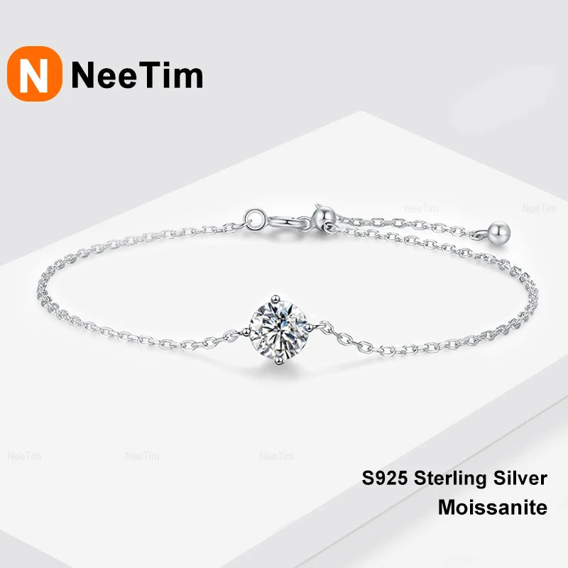 NeeTim 1ct Moissanite Bracelets for Women 925 Sterling Silver with White Gold Plated Bracelet Chain Wedding Party Fine Jewelry