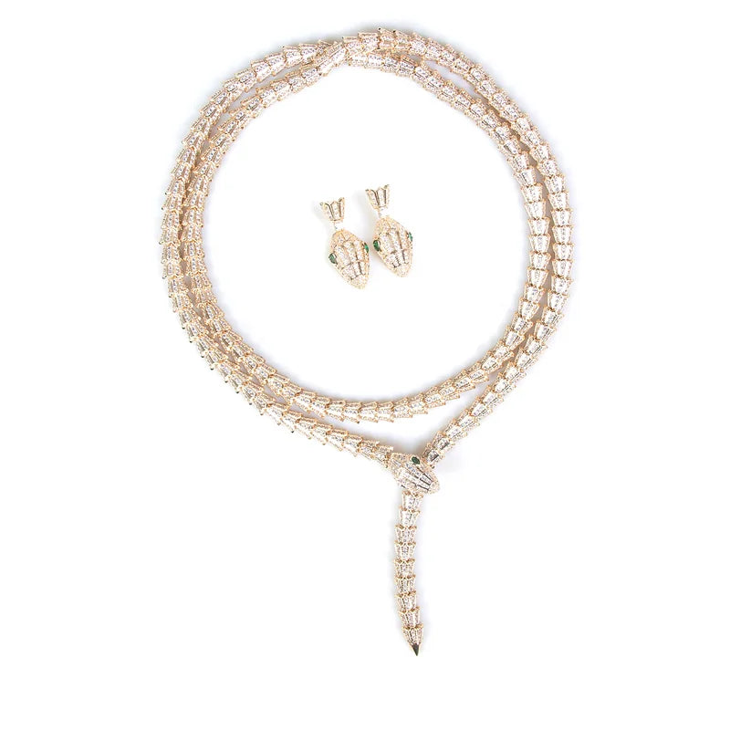 Designer Collection Style Long Necklace Earrings Inlay Full Cubic Zircon Plated Gold Color Snake Snakelike Party Jewelry Sets
