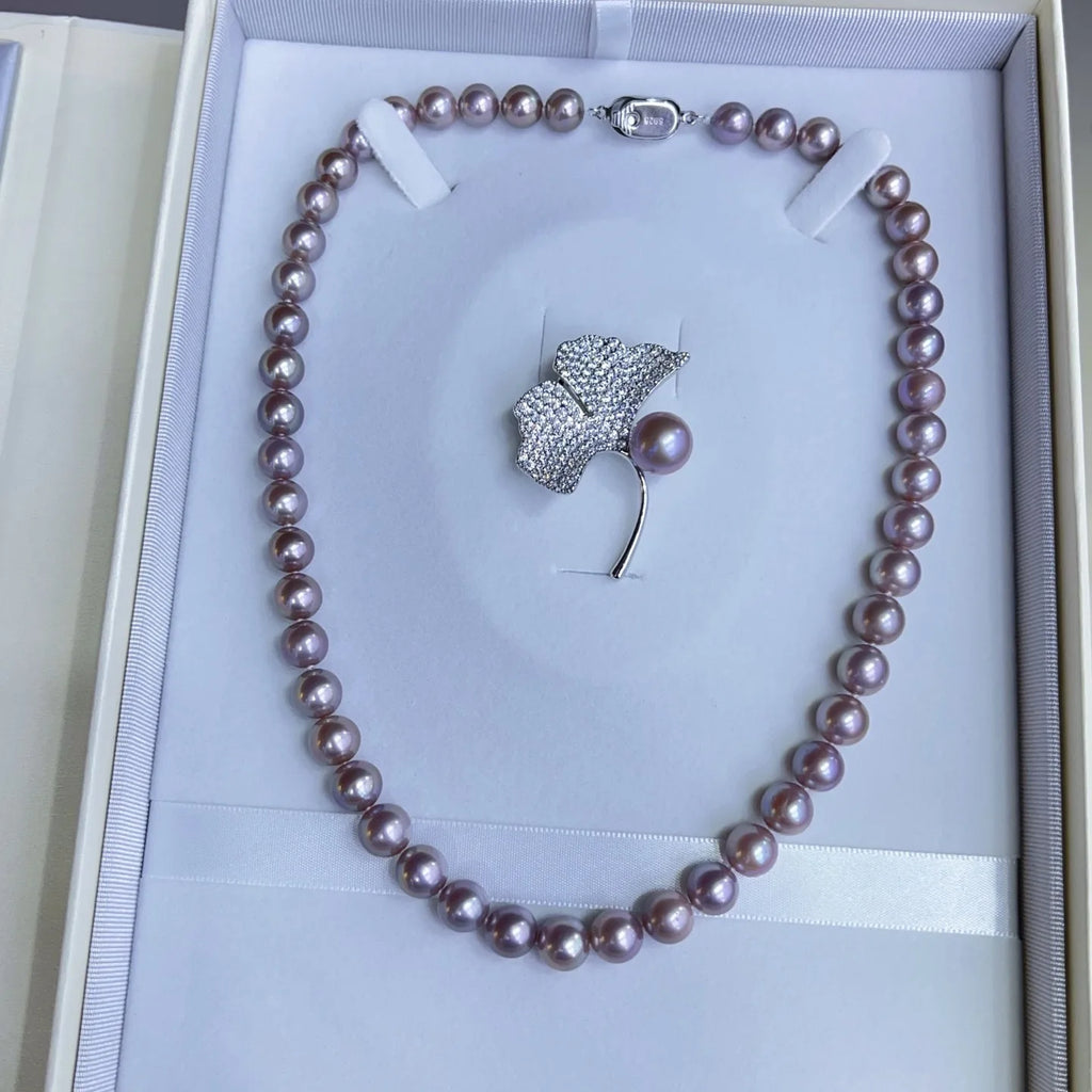 Gorgeous Necklace AAAA8-9mm Natural South Sea Purple Pearl Necklace 18in+Brooch