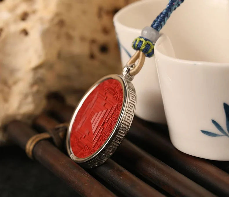 S925 Sterling Silver Inlaid Cinnabar Mandala Pendant Six True Words Necklace Chinese Style Good Luck Fortune Amulet Men Women