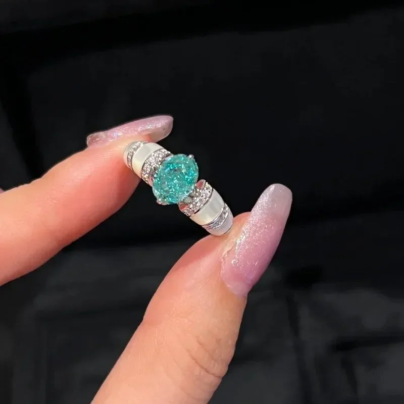 silver 925 Vintage Fresh Style Paraiba White Fritillaria  rings for women Sweet Mint Emerald wedding ring Light Luxury Jewelry