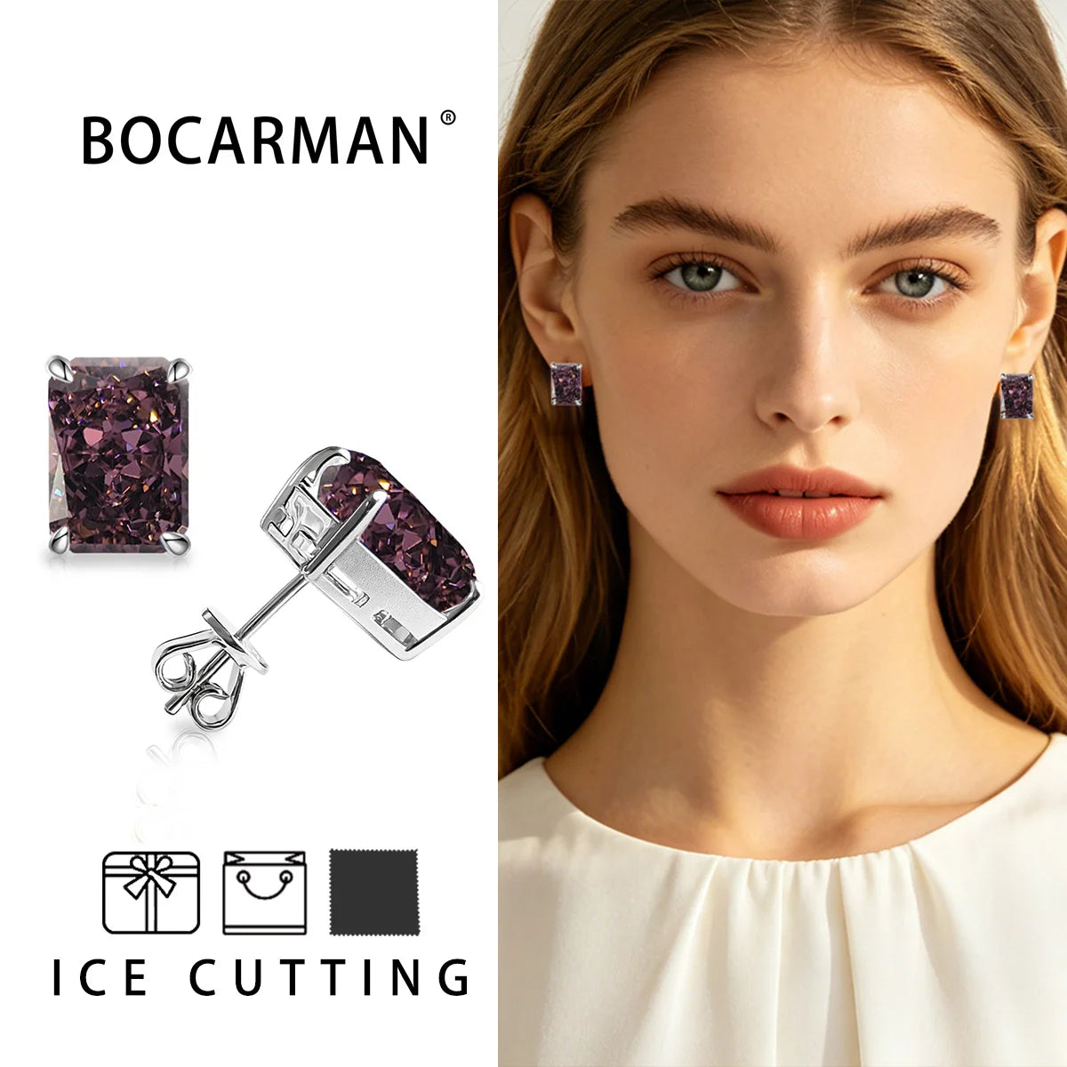 Bocarman Rectangular Ice Cut Mint Green Zircon Stud Earrings S925 Sterling Silver Rhodium Plated Fine Jewelry 8x10mm