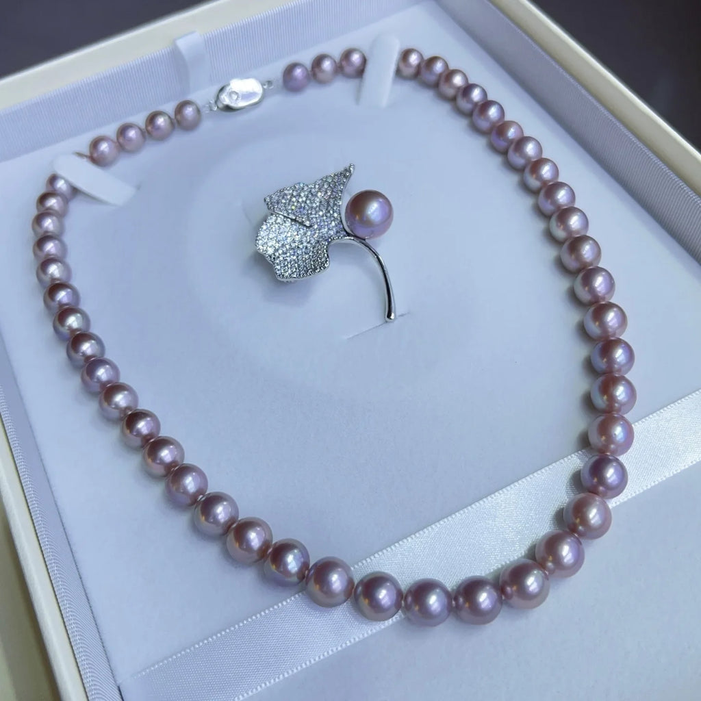 Gorgeous Necklace AAAA8-9mm Natural South Sea Purple Pearl Necklace 18in+Brooch