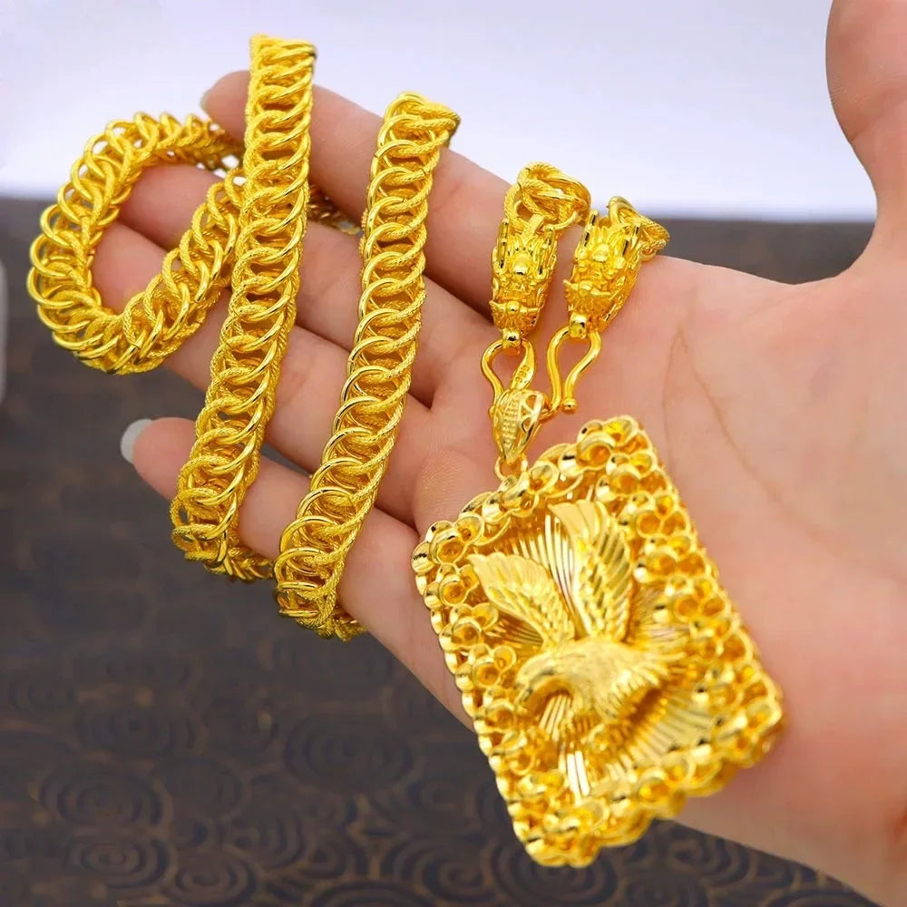 9999 Real Gold Round Bead Necklace Pendant Male Domineering Eagle Pendant Square Brand Clothed Drag  birthday gift