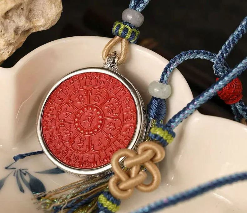 S925 Sterling Silver Inlaid Cinnabar Mandala Pendant Six True Words Necklace Chinese Style Good Luck Fortune Amulet Men Women