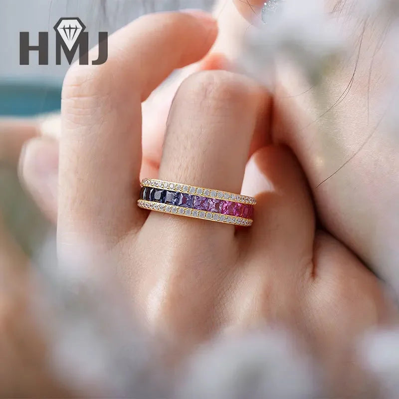 925 Sterling Silver Ring Lab Sapphire Princess Cut Rainbow Gemstones for Women Luxury Elegant Anniversary Birthday Gift Charms