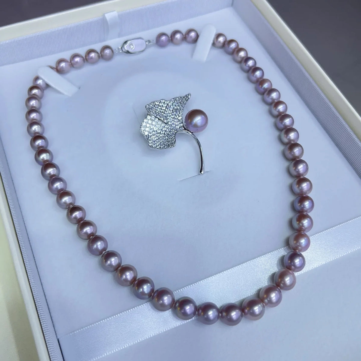Gorgeous Necklace AAAA8-9mm Natural South Sea Purple Pearl Necklace 18in+Brooch
